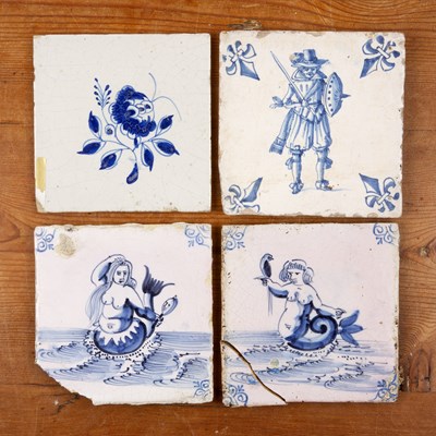 Lot 290 - Four Delft tiles Dutch, blue and white, to...