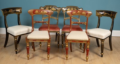 Lot 656 - Three pairs of chinoiserie side chairs