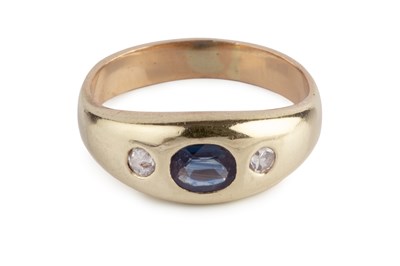 Lot 130 - A sapphire and diamond three stone gypsy ring,...