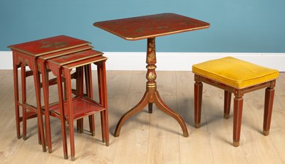 Lot 251 - Three items of red lacquered furniture with chinoiserie decoration