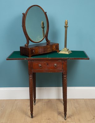 Lot 249 - A mahogany dressing table mirror together with a mahogany card table and a single brass lamp styled