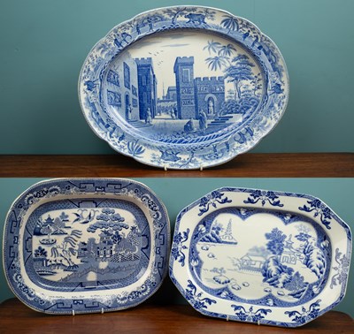 Lot 50 - Three blue and white transfer printed meat plates