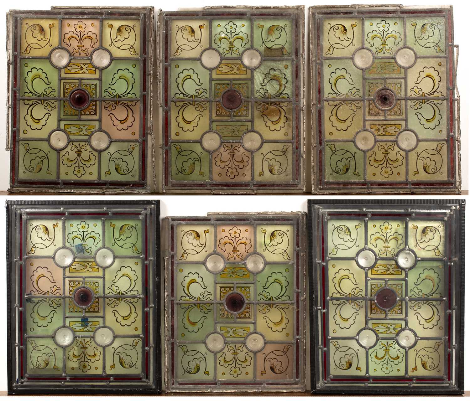 Lot 18 Set of six stained or painted glass panels in