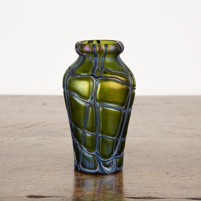 Lot 386 - In the manner of Loetz Green glass vase with...