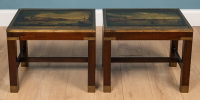 Lot 256 - A pair of mahogany and brass bound occasional tables with reverse glass painted tops