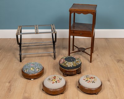 Lot 338 - A wood and chrome luggage rack together with four mahogany foot stools and an Edwardian mahogany wash stand