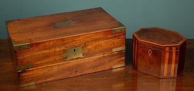 Lot 74 - A mahogany and brass bound writing slope together with a mahogany satinwood banded tea caddy