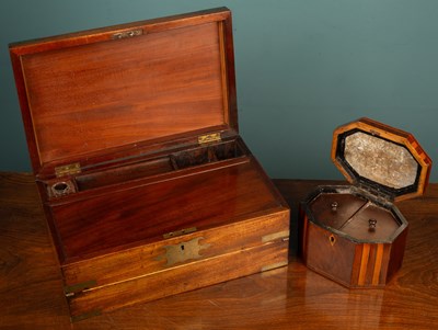 Lot 74 - A mahogany and brass bound writing slope together with a mahogany satinwood banded tea caddy
