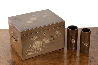 Lot 410 - Lacquer tea caddy and two brushpots Chinese,...