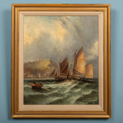 Lot 347 - 19th century British school, fisherman pulling in net in stormy water of the coast