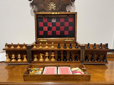 Lot 323 - Oak games compendium box with brass details,...