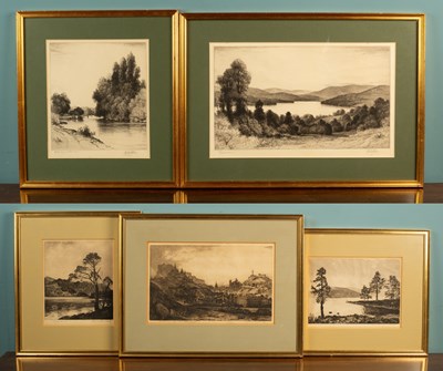 Lot 360 - A collection of etchings to include three Scottish views and two further landscapes