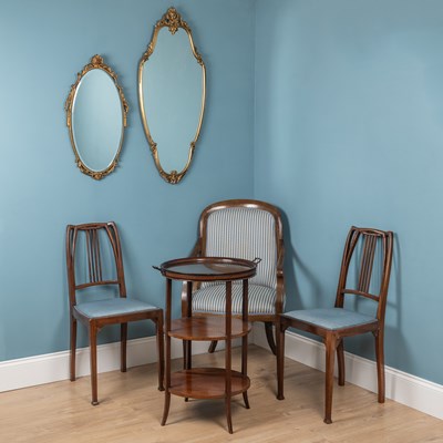 Lot 548 - A blue striped armchair together with a pair of Art Deco style side chairs; an Edwardian three-tier circular tray-top occasional table