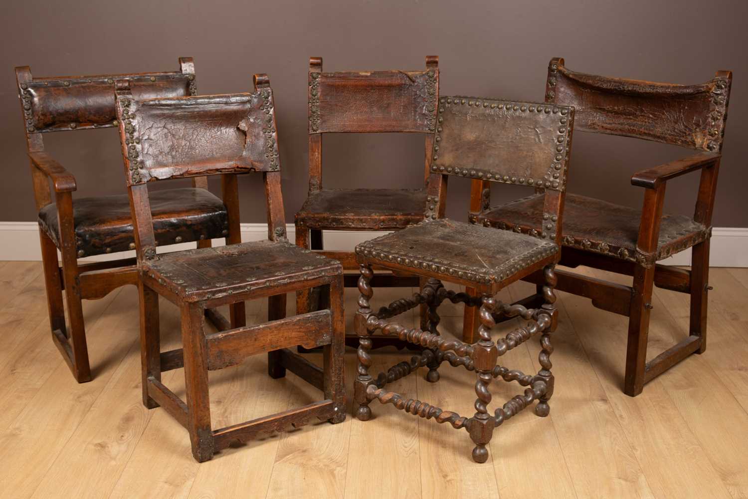 Lot 266 - Five similar 17th century fruitwood Spanish chairs