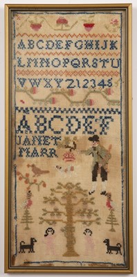 Lot 111 - A late 19th century woolwork Alphabet sampler...