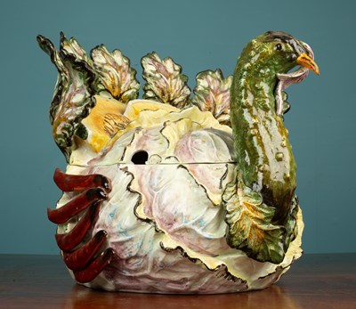 Lot 396 - A tin glazed pottery tureen modelled as a turkey