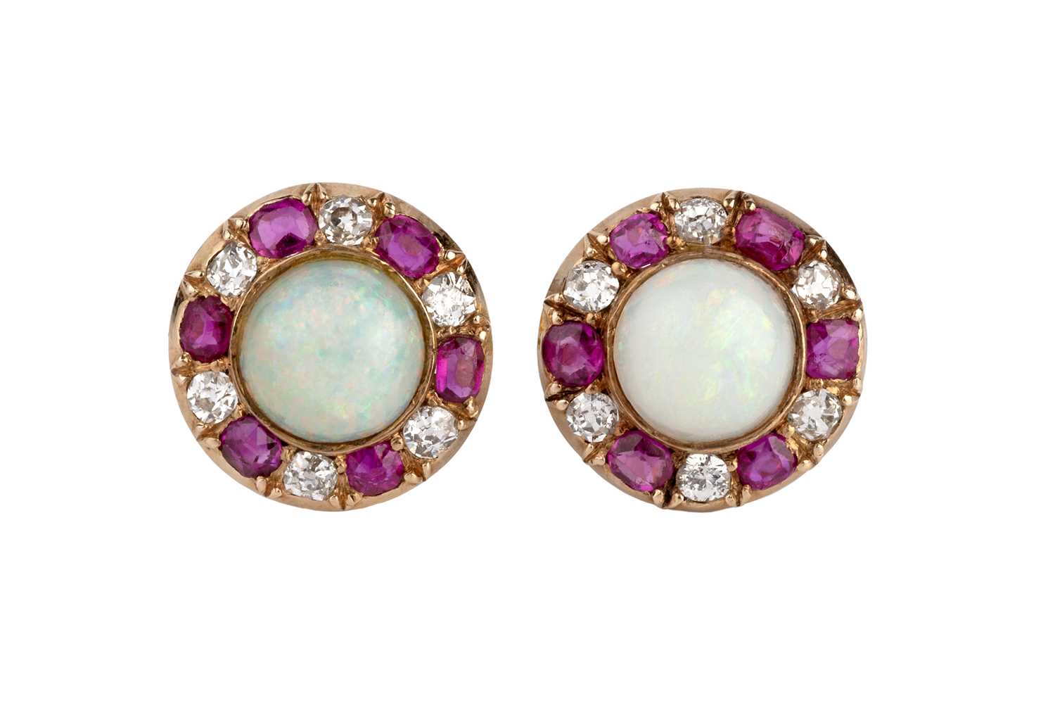 Lot 76 - A pair of opal, ruby and diamond cluster ear...