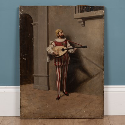 Lot 634 - C Biscioni (19th century Italian school), a serenading lute player in a fetching costume