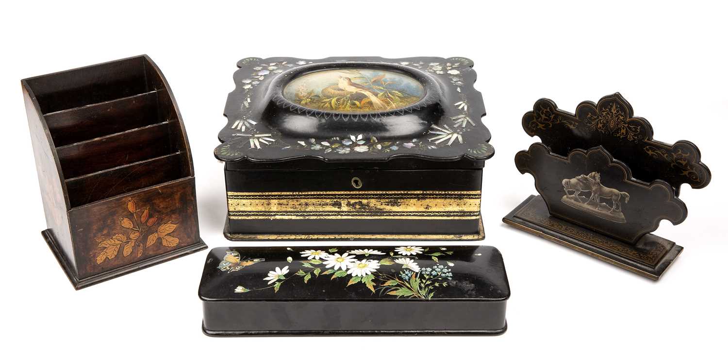 Lot 102 - An early Victorian Papier mache sewing box...