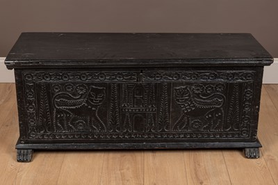 Lot 157 - An antique, possibly 18th century, Greek dark stained hardwood chest or coffer