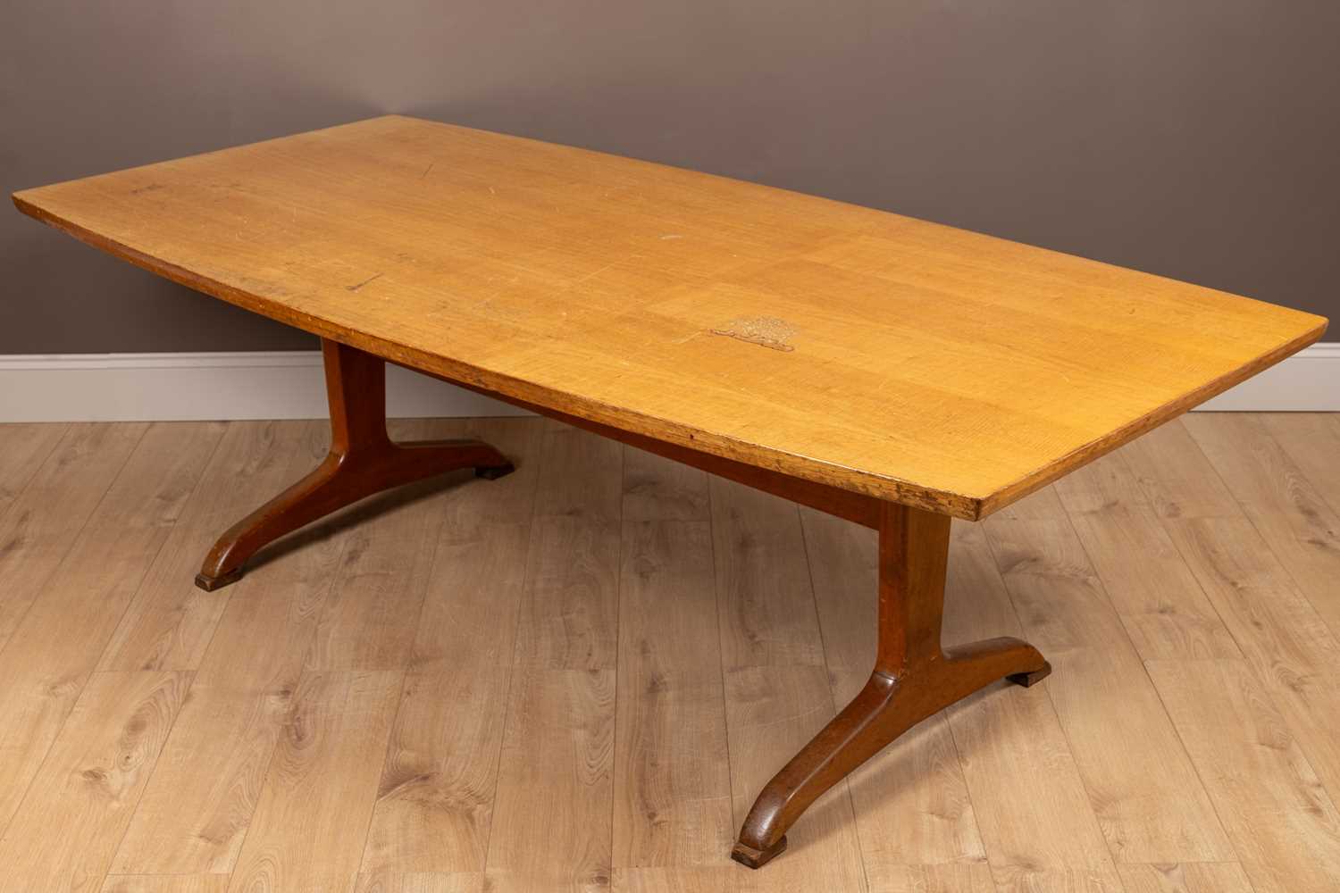 Lot 338 - A mid-20th century, possibly Cotswold school, possibly satin birchwood veneered dining table