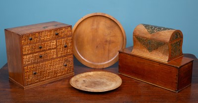 Lot 459 - A Victorian correspondence box; together with a Japanese table top chest of drawers; a Victorian box; and two turned wooden platters