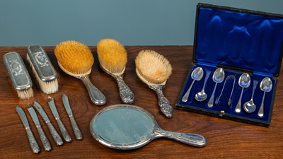 Lot 18 - A silver backed dressing table mirror together with five various silver backed brushes and other silver and silver plate items
