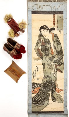 Lot 135 - A 19th century Japanese woodblock print scroll,...