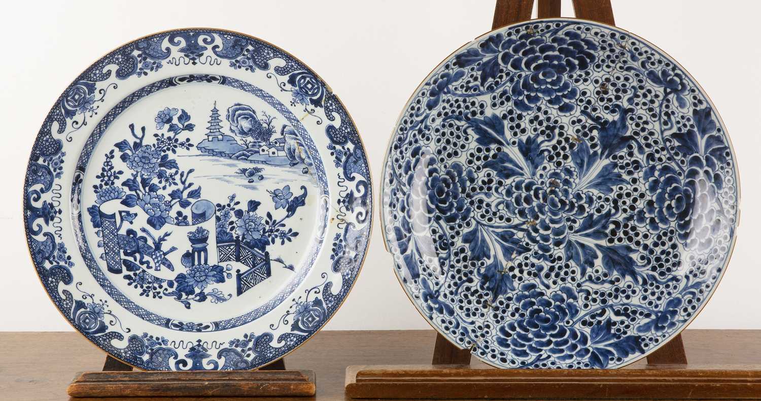 Lot 16 - Two blue and white porcelain chargers Chinese,...