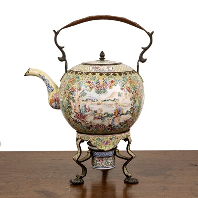 Lot 400 - Enamel export tea kettle on stand Chinese,...