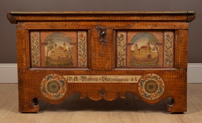 Lot 330 - A Swiss polychrome painted panelled chest