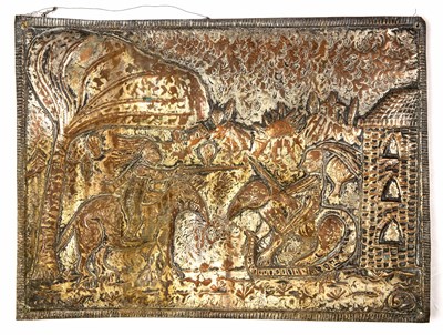 Lot 325 - An Indian embossed rectangular copper panel...