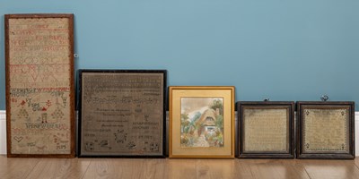 Lot 528 - A collection of four samplers and a woolwork on silk