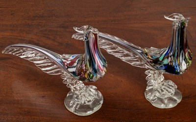 Lot 516 - A pair of Murano glass millefiori decorated cock pheasants