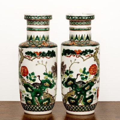 Lot 63 - Pair of small famille verte rouleau vases...