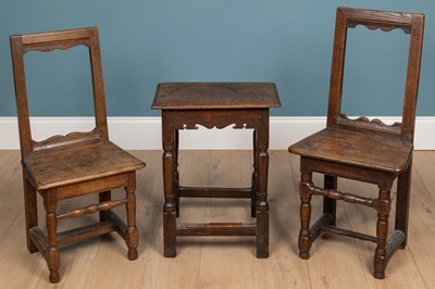 Lot 533 - A 18th century style oak legged joint stool and two chairs