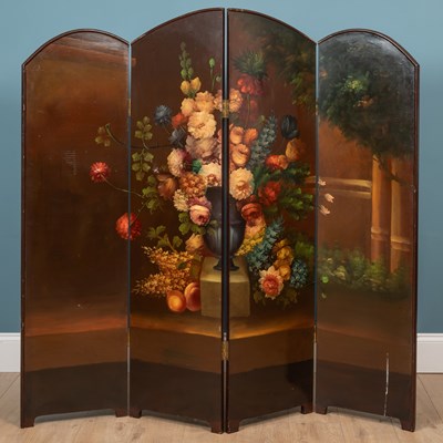 Lot 539 - A four-panel hand painted screen