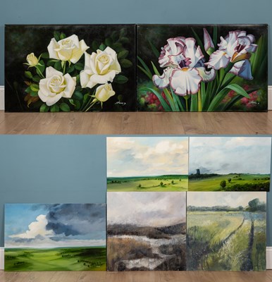 Lot 630 - A group of decorative pictures to include a pair of landscape paintings by Joss Meadows