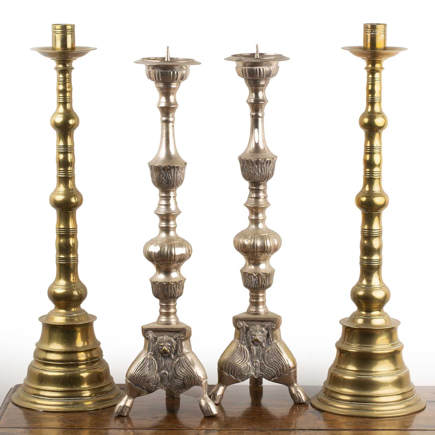 Lot 81 - Pair of brass tall candlesticks with turned...