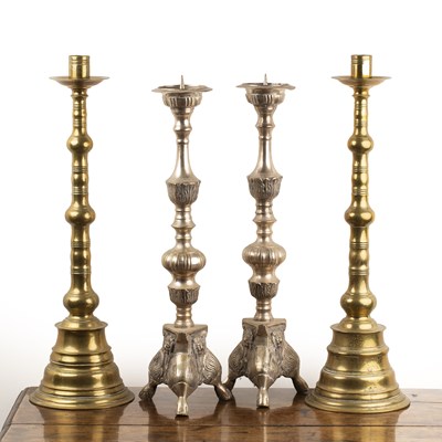 Lot 81 - Pair of brass tall candlesticks with turned...