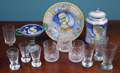 Lot 650 - A group of three tin glazed Renaissance style ceramics; and a collection of various Masonic glasses