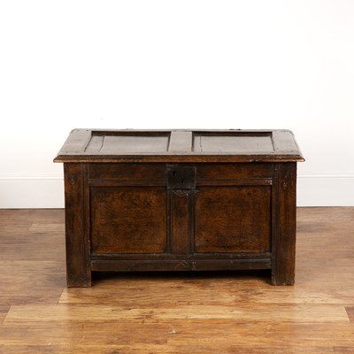 Lot 23 - Oak coffer 18th Century, with panelled top and...