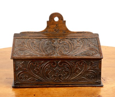 Lot 24 - Oak candle box 19th Century, treen with carved...