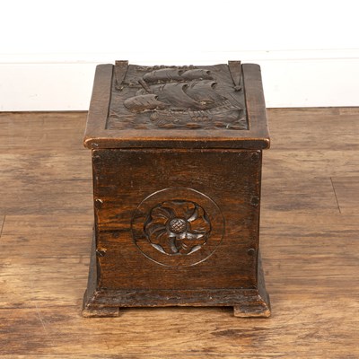 Lot 99 - Carved box or chest oak, in the Arts and...