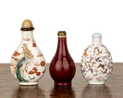 Lot 280 - Three porcelain snuff bottles Chinese,...