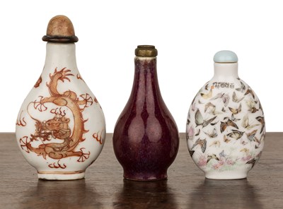 Lot 280 - Three porcelain snuff bottles Chinese,...