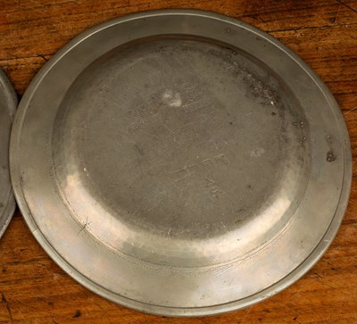 Lot 101 - A group of 18th century and later pewter plates together with a Danish pewter bowl and a Chinese hardwood stand