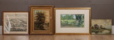 Lot 137 - A collection of four pictures and a scrap work screen to include