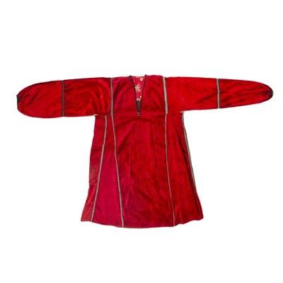 Lot 210 - Red silk velvet kurta South Asia, with a part...