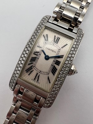 Lot 253 - A lady's 18ct white gold and diamond set 'Tank...